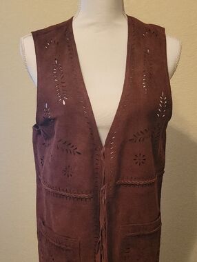 NWT Sundance Brown Suede Leather Laser-Cut Long Vest Size S
